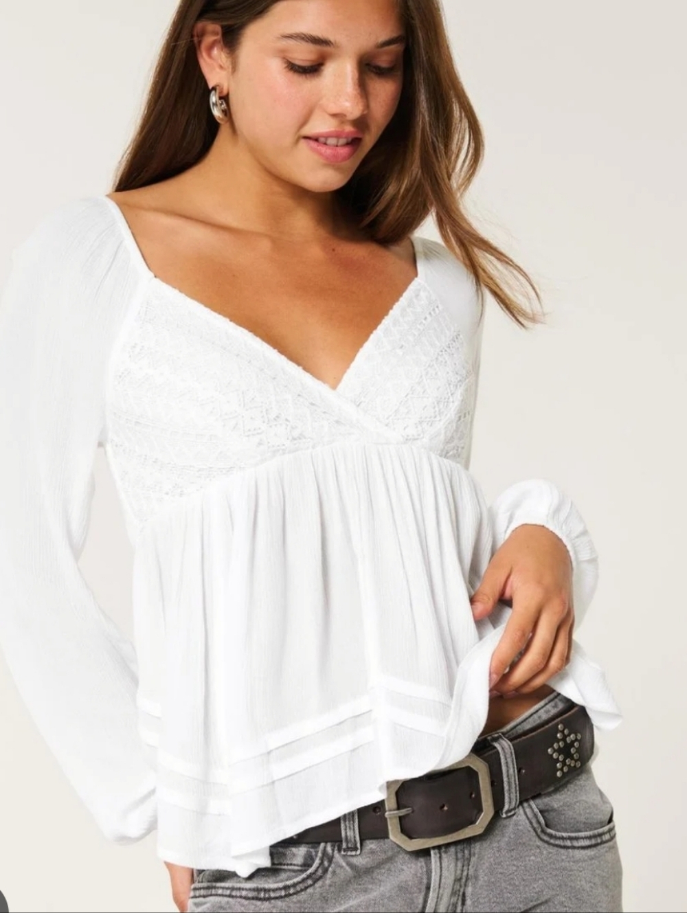Hollister White Lace-Front Peasant Blouse